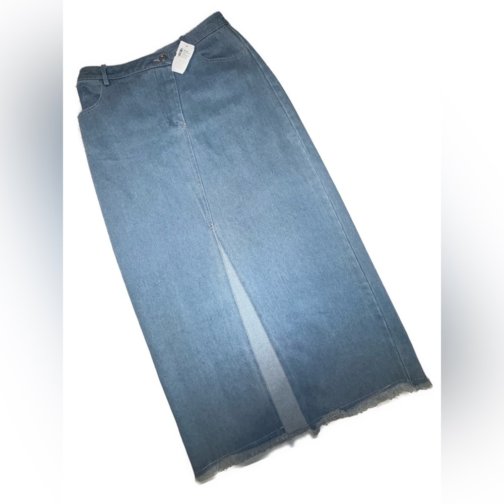 Kourt Pat Front Split Denim Midi Skirt Medium High Rise Raw Hem NWT - Picture 4 of 12